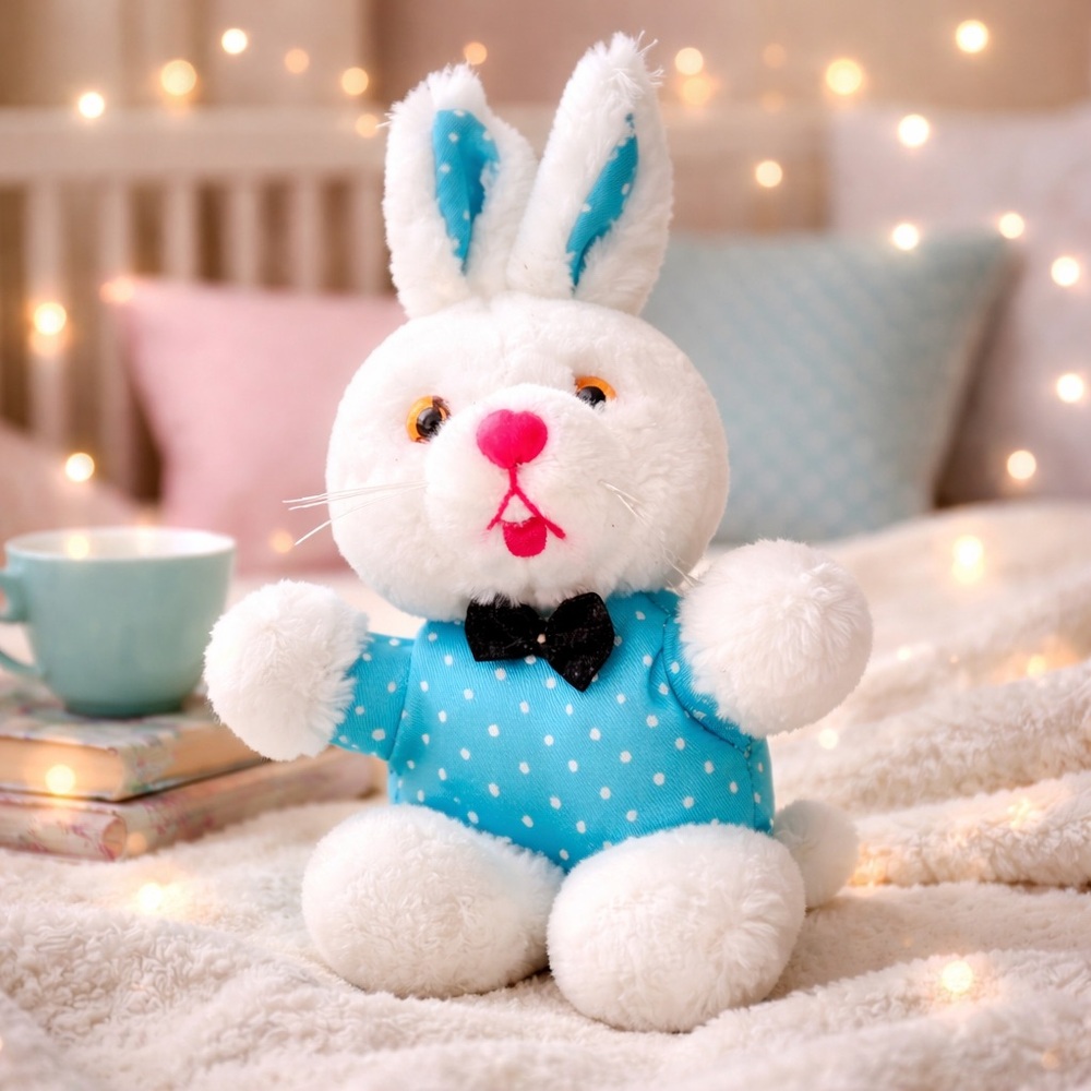 White and Blue Polka Dot Bunny Plush